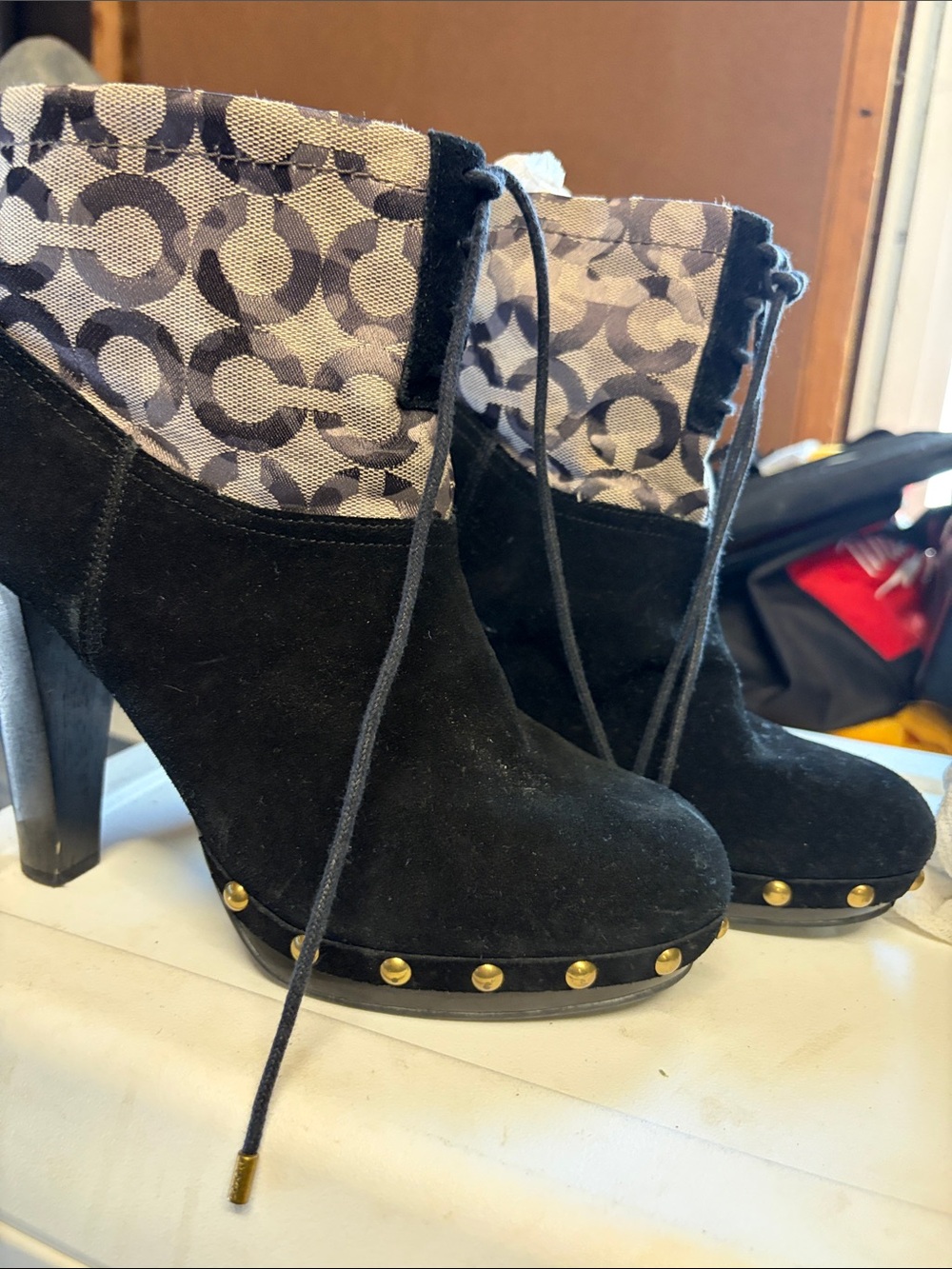 Coach Black Suede Ankle Booties with Signature Monogram Cuff